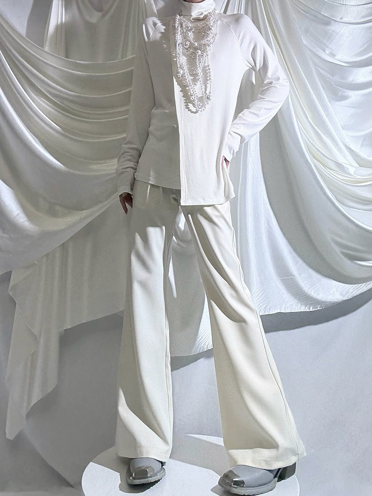 Sleeve Mock Long Slim-fitting Collar Top Prince White