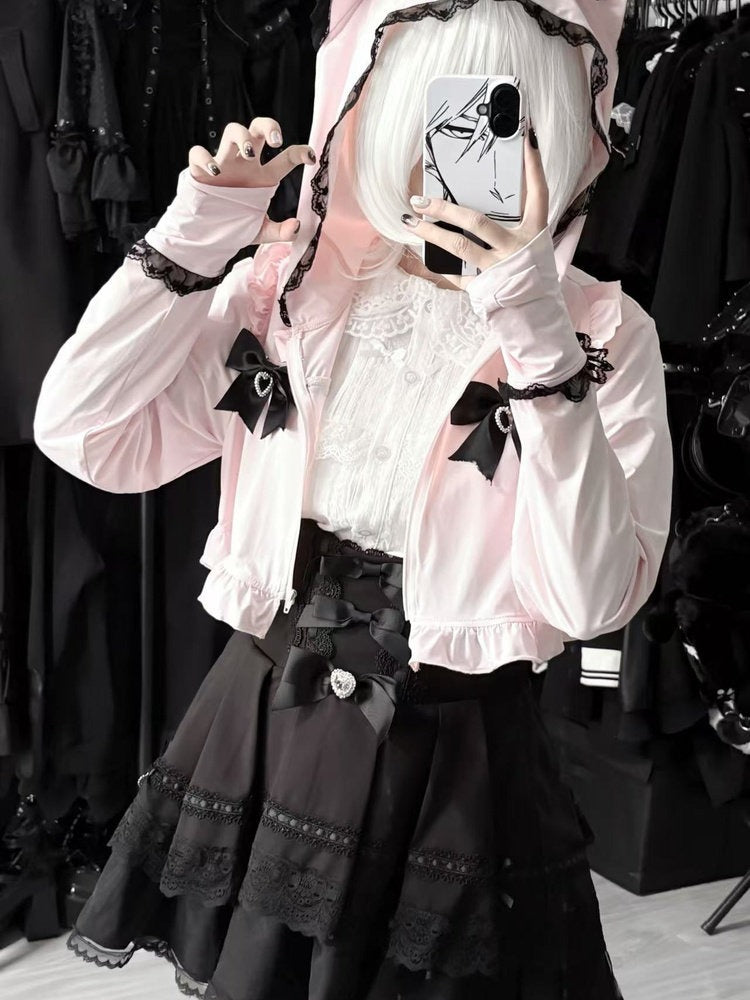 Pink Kitty-Ear Hooded Cropped Jacket with Bow - Bunny Rush