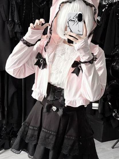 Pink Kitty-Ear Hooded Cropped Jacket with Bow - Bunny Rush