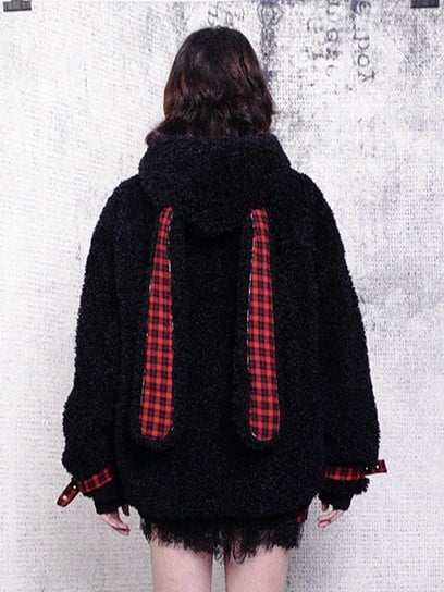 Ear Plaid Panel Adjustable Black Straps Cuff with Bunny Coat Red