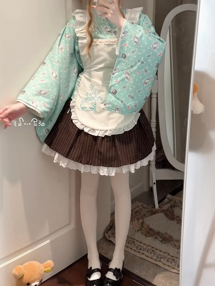 Wrap Set: 3-Piece Top Kimono Green Style Mint Maid-Inspired