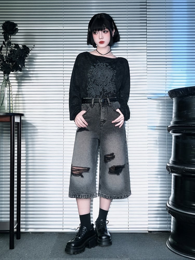 Distressed Denim Cropped Wide-Leg Pants - Quirky Hut