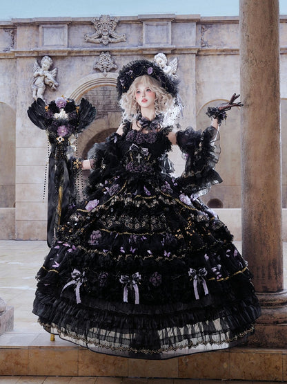 Floor-Length Black & Purple Hanayome Hime Dress with Butterfly and Flower Accents - Cat Fairy Lolita
