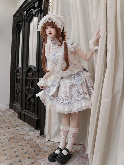 White & Blue Low Waist Antique Print Lolita Dress with Bows - Meng Fu Zi