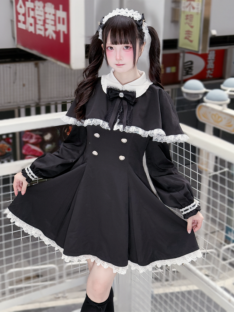 Tie Dress Kei Trim Bow Lace Winter for Free Jirai Cape White + Fall : Black