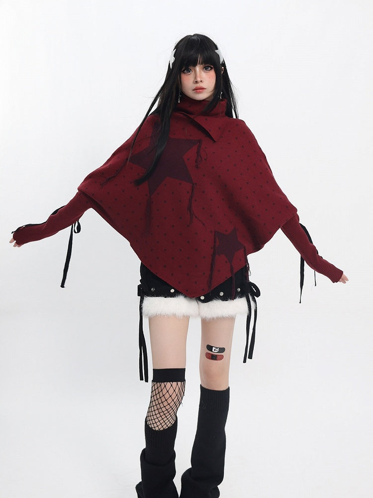 Red Turtleneck Sweater with Star Polka Dot Print, Pointed Hem, Frayed Fringe & Lace-Up - Catwish