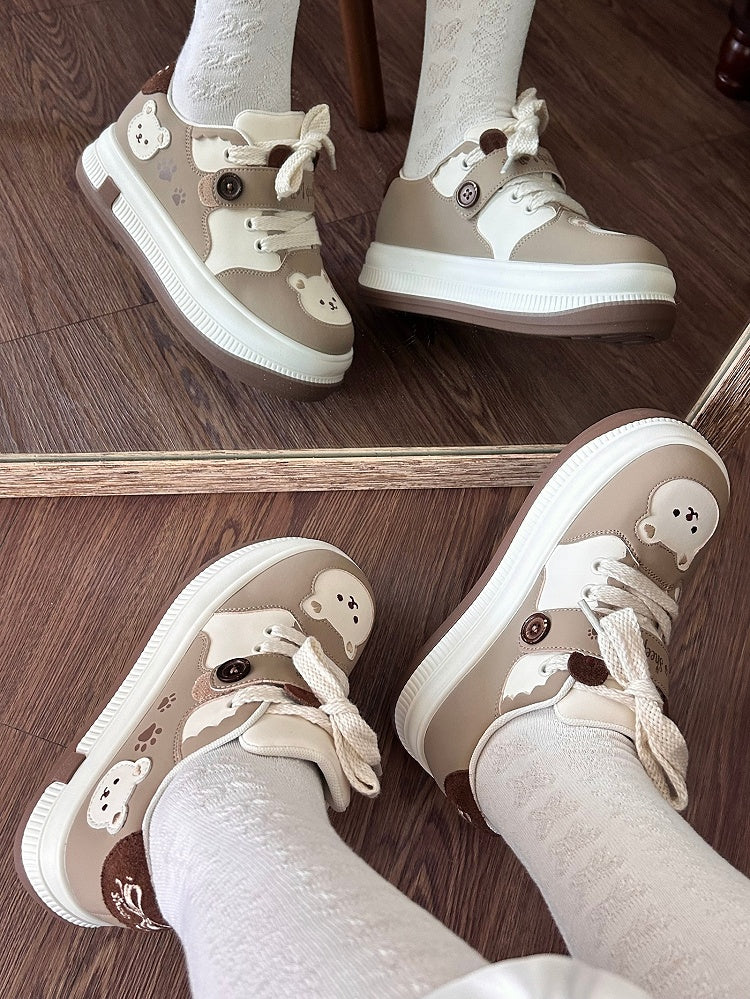 Lolita - Bear with Velcro Detachable Platform Sweet Theme Sneakers Paw Prints Brown