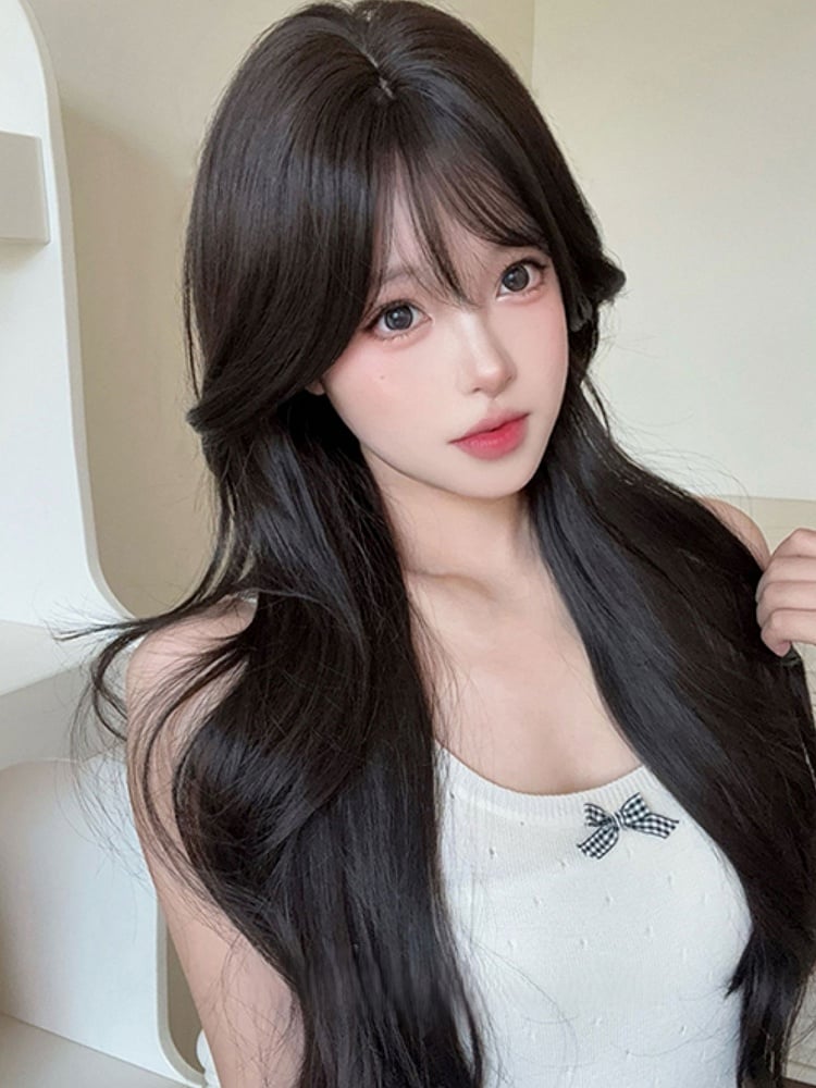 Black With Curtain 73CM Tea Wig Wavy Bangs Length