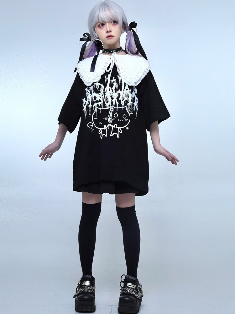 Jirai T-shirt Letter Cat Print Black Kei And