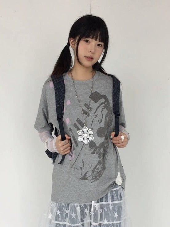 Gray Crew Neck Tee with Distressed Print - innomoood