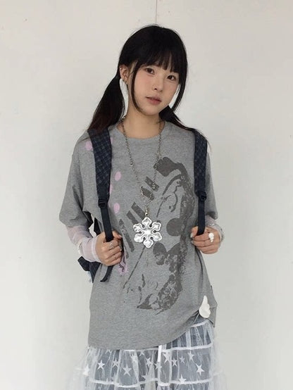 Gray Crew Neck Tee with Distressed Print - innomoood