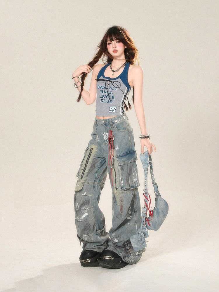 and Blue Gray Cropped Lace-up Glamorous Top Front Letter Neck Halter Tank Print