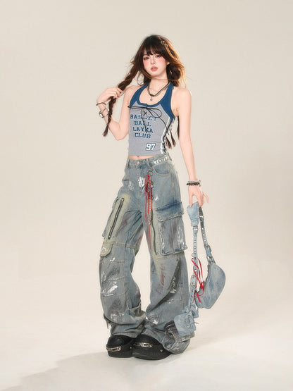 and Blue Gray Cropped Lace-up Glamorous Top Front Letter Neck Halter Tank Print