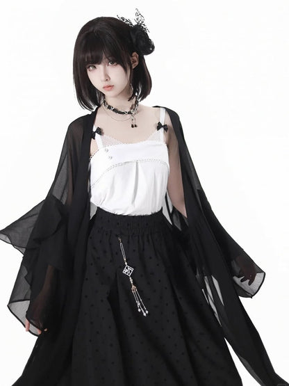 スタイルニットキャミトップホワイトリボンディテールチャイナドレス