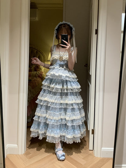 Ruffle Dress Sweet with Straps Blue Embroidery Lolita Adjustable and Multi-Layered Goldfish