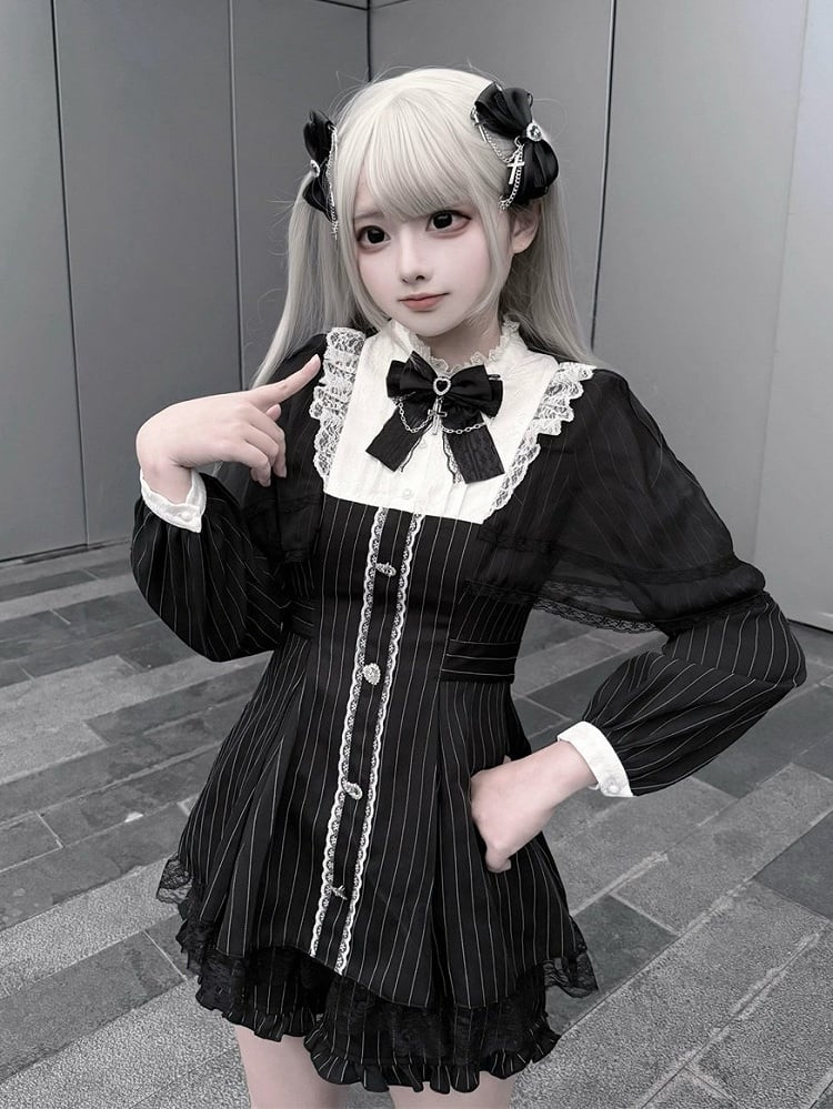 Black Jirai Kei Striped Long-Sleeve Dress with Lace Mesh Cape, Bow Tie & Shorts Set - Puppet Bombs