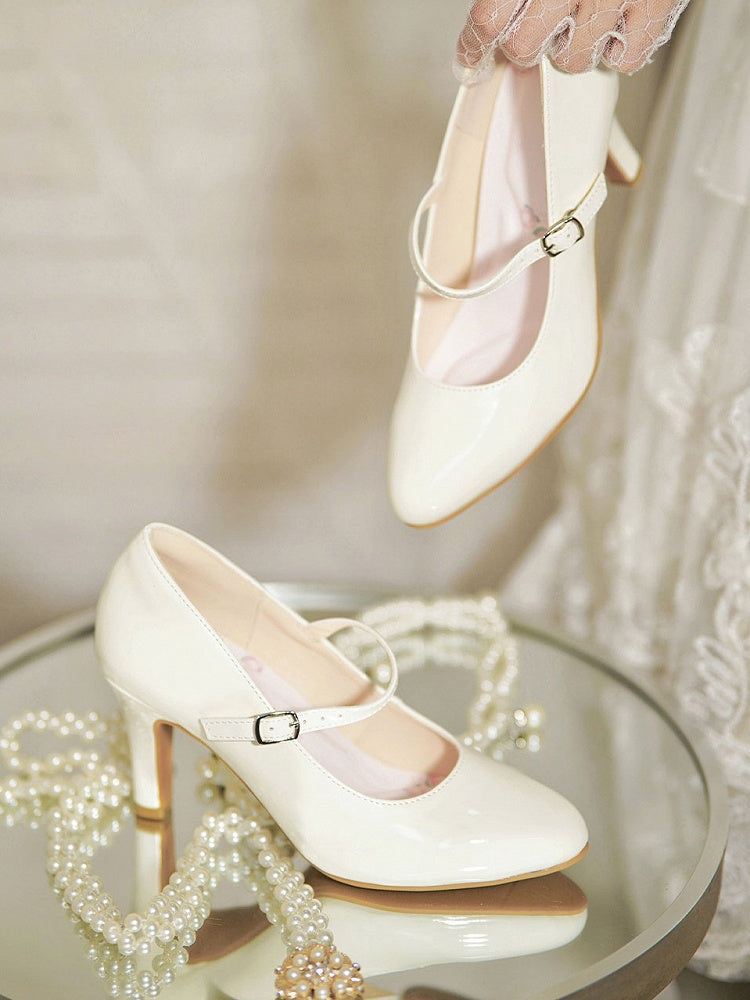 Pointed Closure for Elegant with Buckle Mid-heel/High-heel Ornate Janes Lolita White - Toe Mary