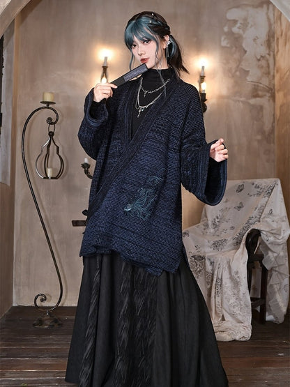 Design Navy Collar Cheongsam Goth Cardigan Self-tie Goldfish Embroidery - Crossover Strap