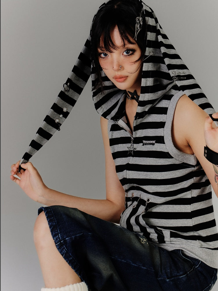 Vintage Bunny Ear Design Black  Grey Stripes Hood Y2K Tank Top