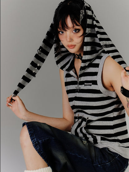 Vintage Bunny Ear Design Black  Grey Stripes Hood Y2K Tank Top