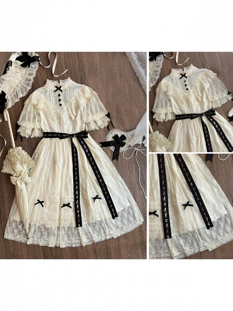 Two-Tone Beige and Black Lolita OP Gown with Edward Collar, Sheer Lace and Ribbon Trims - Miss Cube Dressworks