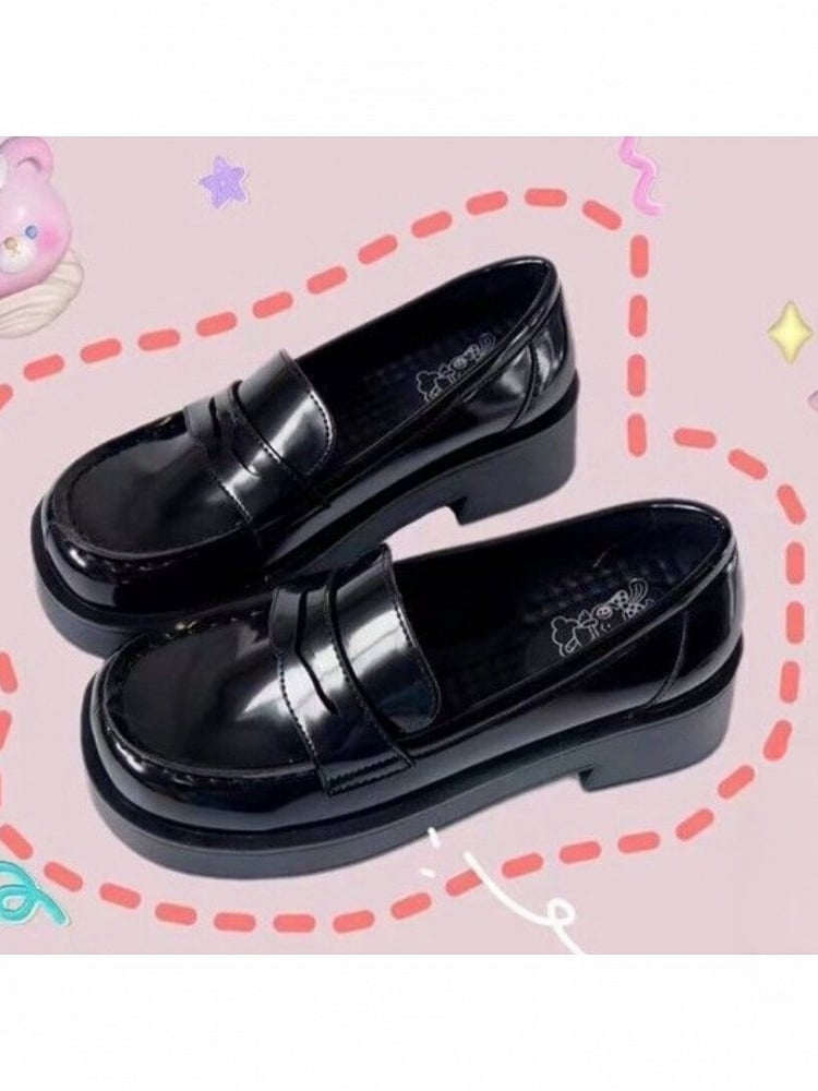 Black Square Toe JK School Polished Thick Sole Shoes - MUMA Lolita