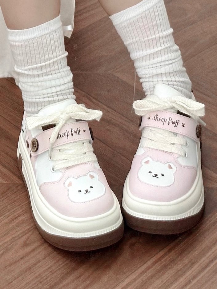 Lace-up Lolita Design with in Print Pink Paw Closure Platform Velcro Sweet Removable Sneakers