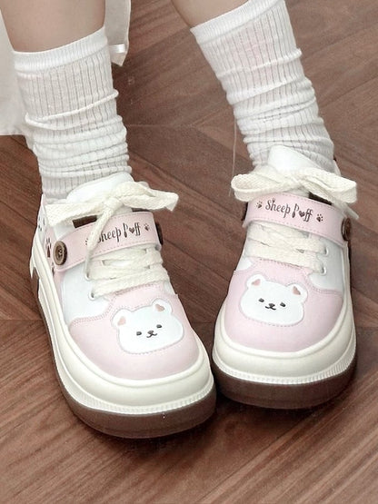 Lace-up Lolita Design with in Print Pink Paw Closure Platform Velcro Sweet Removable Sneakers