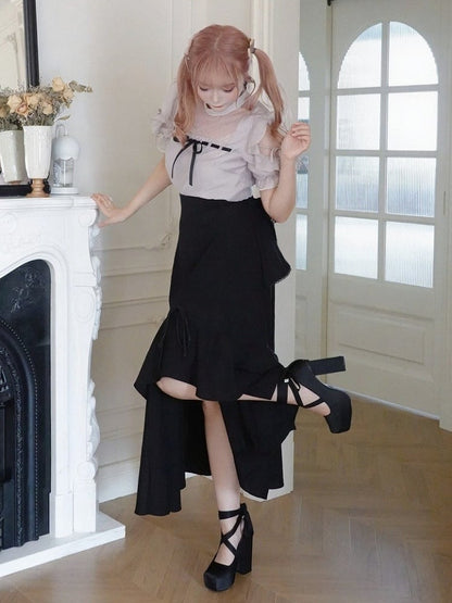 Plus Size Dusty Pink Seiso-kei Cutout Shoulder Blouse with Tulle Panel and Ruffle Accents - Smyster