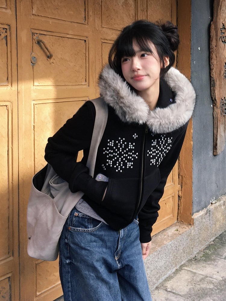 Trim Detachable Snowflake with Faux Hood Hooded Black Fur Rhinestone Jacket Zip-up