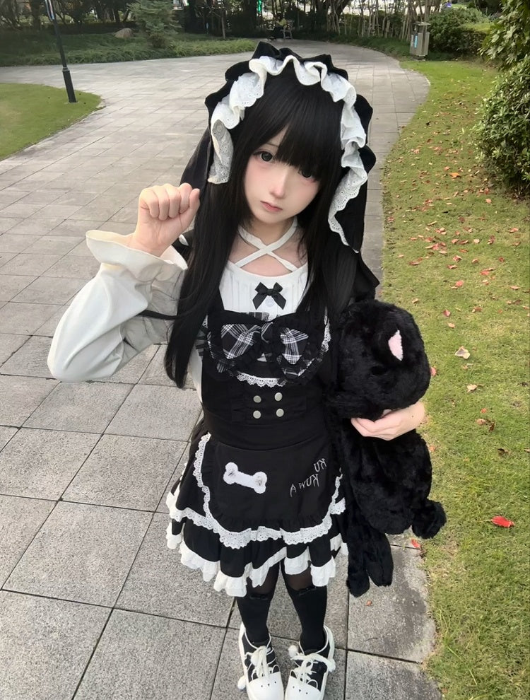with Tiered Hat Cute Dress Ear Apron Detail Cat Alternative Suspender Black Detachable