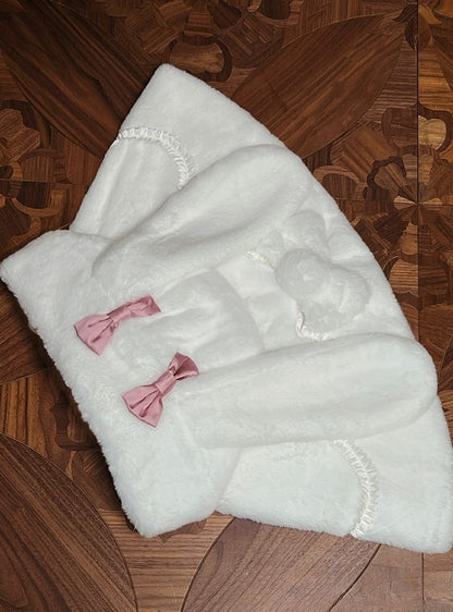 Pink White Cape Pom-poms with Hooded Lolita Bunny Bows and Ears