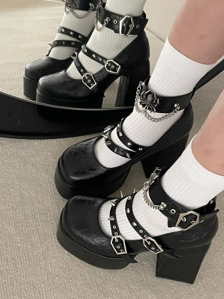High with Black Metal Studs Goth Block Shoes Heel