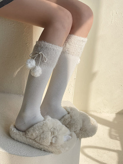 White/Black Bow Calf Socks With Pompons