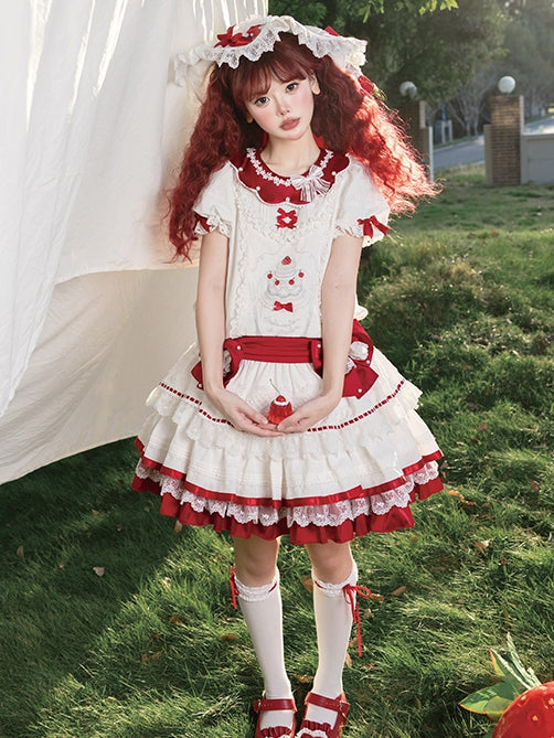 Dress Low-Waist Cake Sweet Red White Strawberry Lolita Pattern