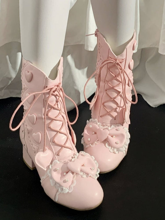 Ankle Bow - at Lolita in Top Boots PU Elegant Pink