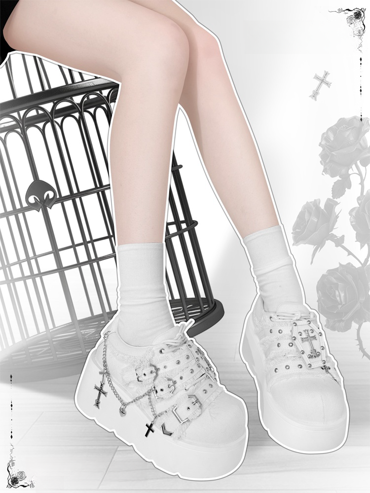 Chunky Heels Punk 7cm Sneakers Platform Cross Gothic White Chain with