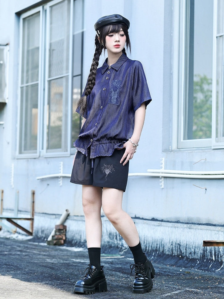 Black Wide Leg Shorts with Sea Lily Embroidery - Quirky Hut