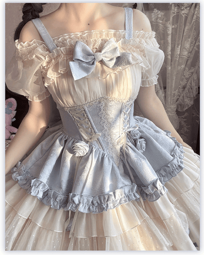 Beige Korsett Taille Big JSK Schnürung Sweet Lolita Balletcore Kleid Zug Schleife und mit Blau