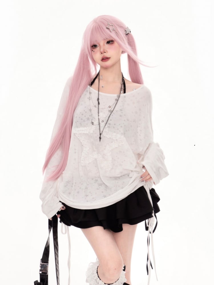 ホワイトのアシンメトリーネックライン、フリル付きスタードローストリングサイドカバーアップ