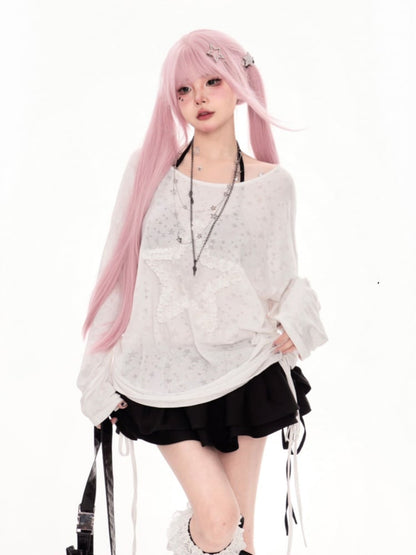 ホワイトのアシンメトリーネックライン、フリル付きスタードローストリングサイドカバーアップ