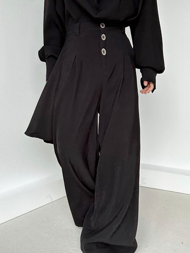 Black Wide-Leg Draped Ouji with Fly Three-Button High-Waisted Lolita Panel Pants