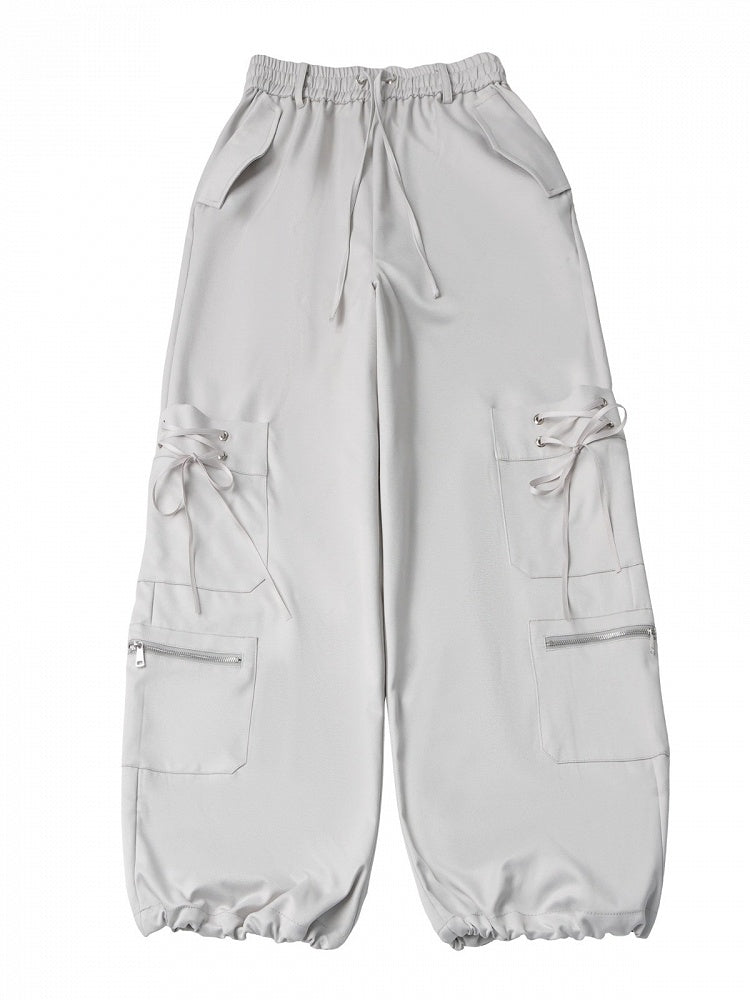 Light Gray Techwear Wide-Leg Cargo Pants with Multi Pockets - PINK SAVIOR