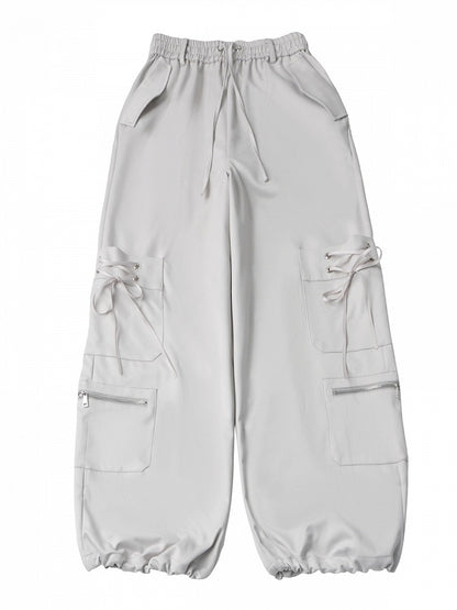 Light Gray Techwear Wide-Leg Cargo Pants with Multi Pockets - PINK SAVIOR