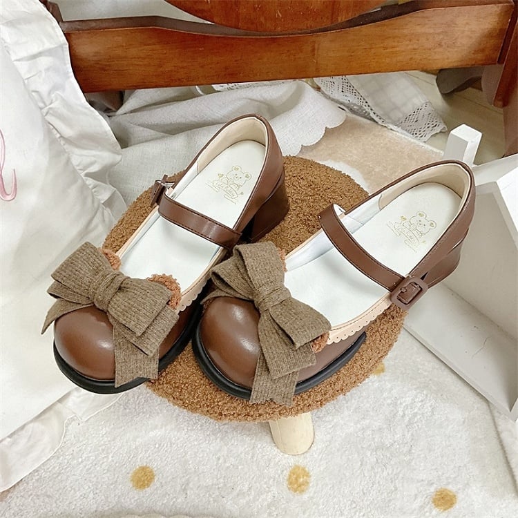 Chocolate Regular/Thicken Scalloped with Version - Sweet Bear-themed Lolita Trim Low/Mid Bow Removable Ornate Heels