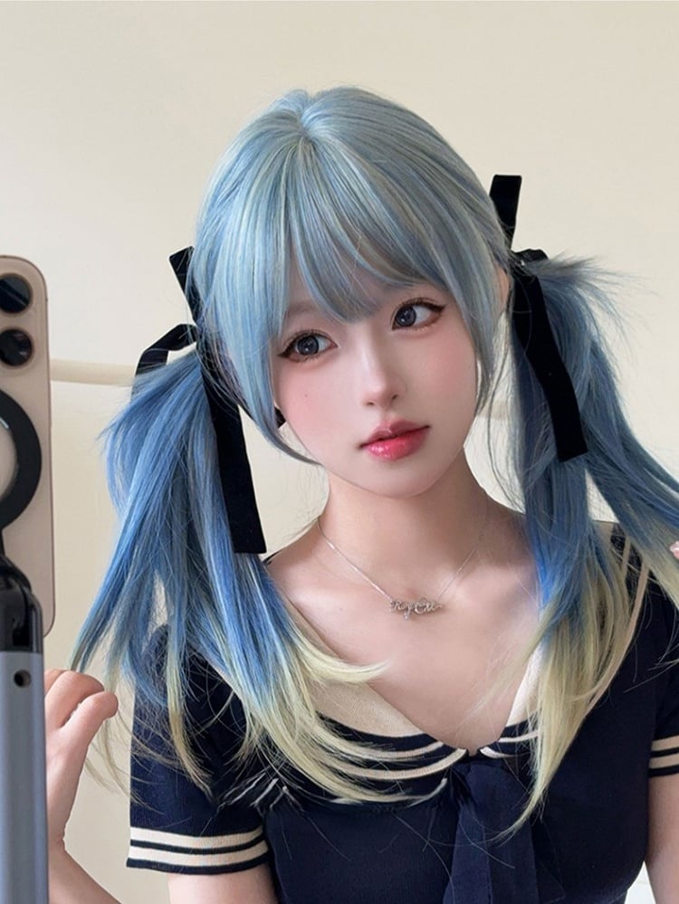 Color Ombre 65CM Bangs Wig Straight Blue With Air Hair Cut Hime Length