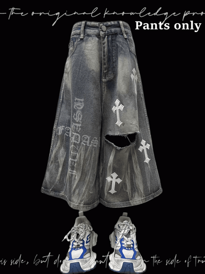 Y2K Blaue Jeans mit weitem Bein und Kreuzapplikationen im Used-Look
