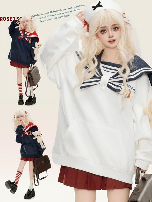 Light Yellow/White/Navy Blue Cute Bear Plushie Adorned Sailor Collar Hoodie