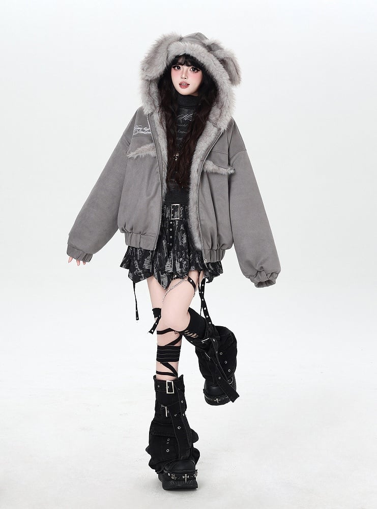 Jacket Ears Pattern Padded Fur Lettering Rabbit with Hooded
