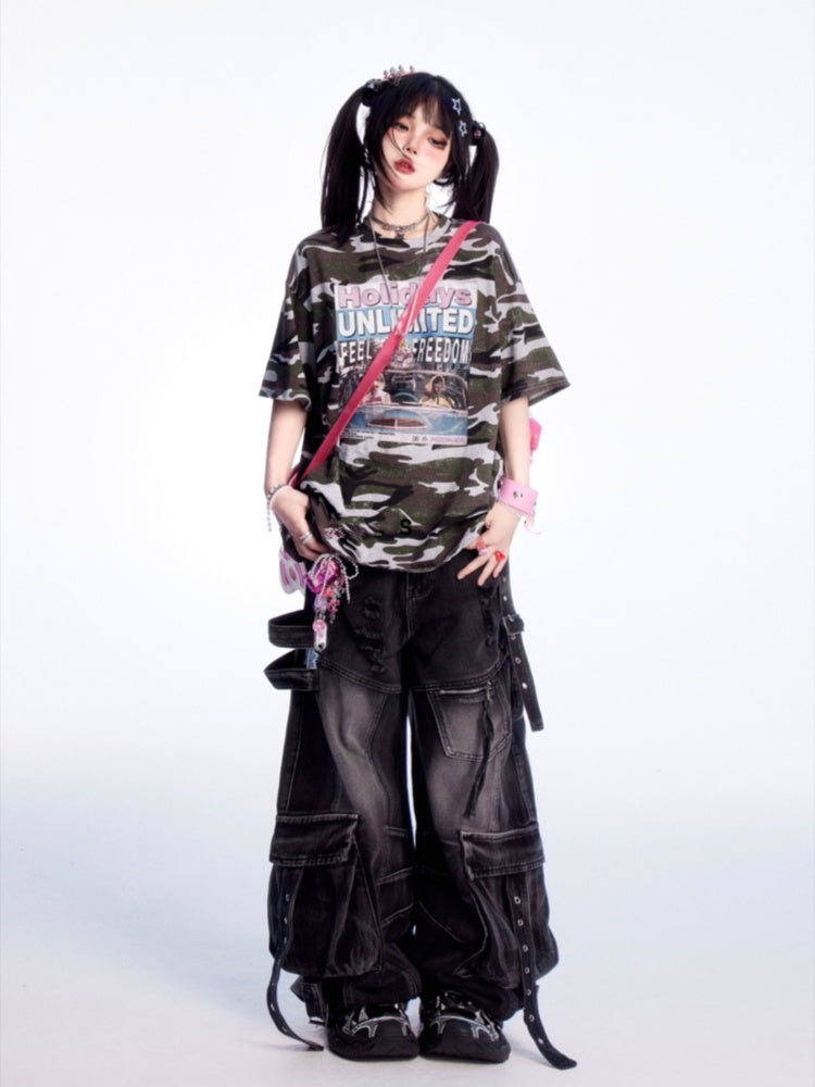 Jeans Rise Faded Wash Distressed Holes Weites Bein Cargo Schwarz Niedrig